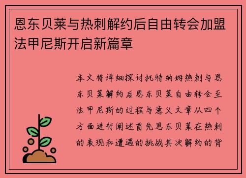 恩东贝莱与热刺解约后自由转会加盟法甲尼斯开启新篇章
